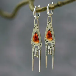 Triangle Dangle Earrings For Women Vintage Tribe Ethnic Handmade Tassel Inlay Amber Stone Eardrop Earring Female Wedding Jewelry