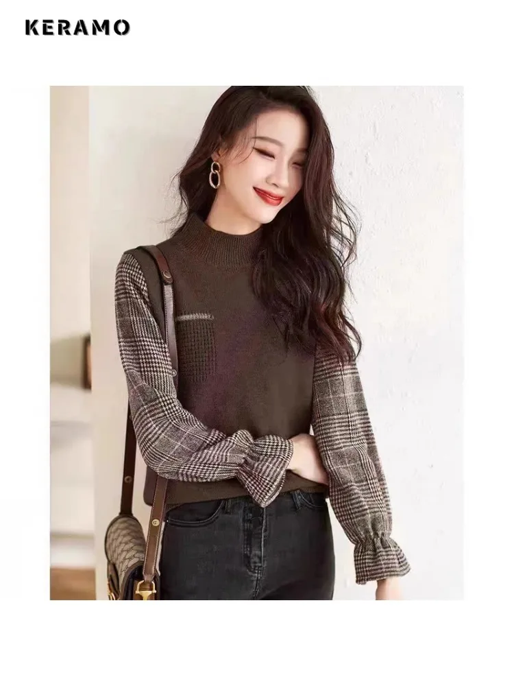 Casual Plaid Patchwork Office Lady Knitting Long Sleeve Jumpers 2025 Winter Women's Round Neck Elegant Slim Fit Sweater Top