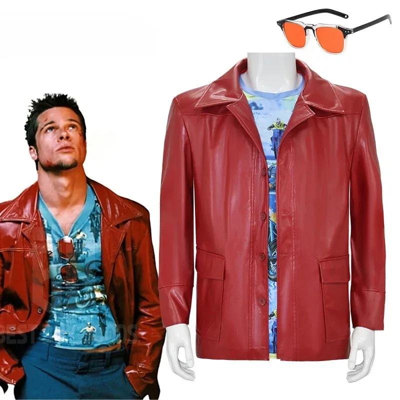 Fight Club Tyler Durden Cosplay Costumes In Stock Brad Biker Leather Jacket Red Coat Shirt Glasses Halloween Party Suit
