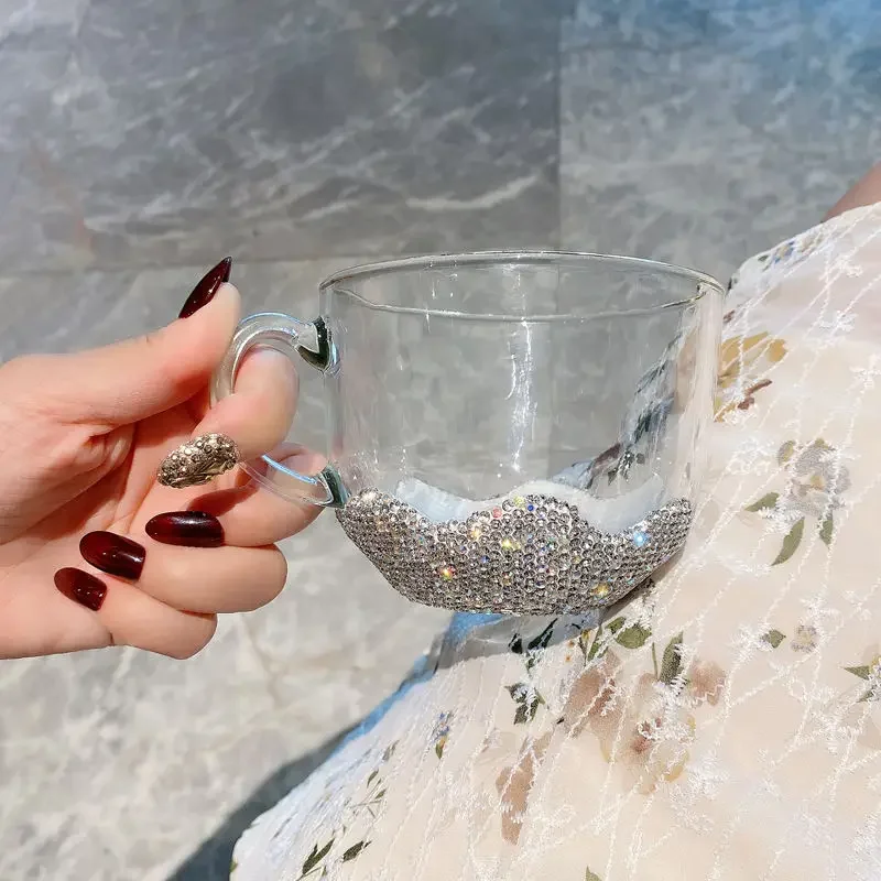 Sparkling Rhinestone Transparent Double-layer Glass Cup Large Capacity Breakfast Oat Bowl Fruit Salad Big Belly Cup Office Mug