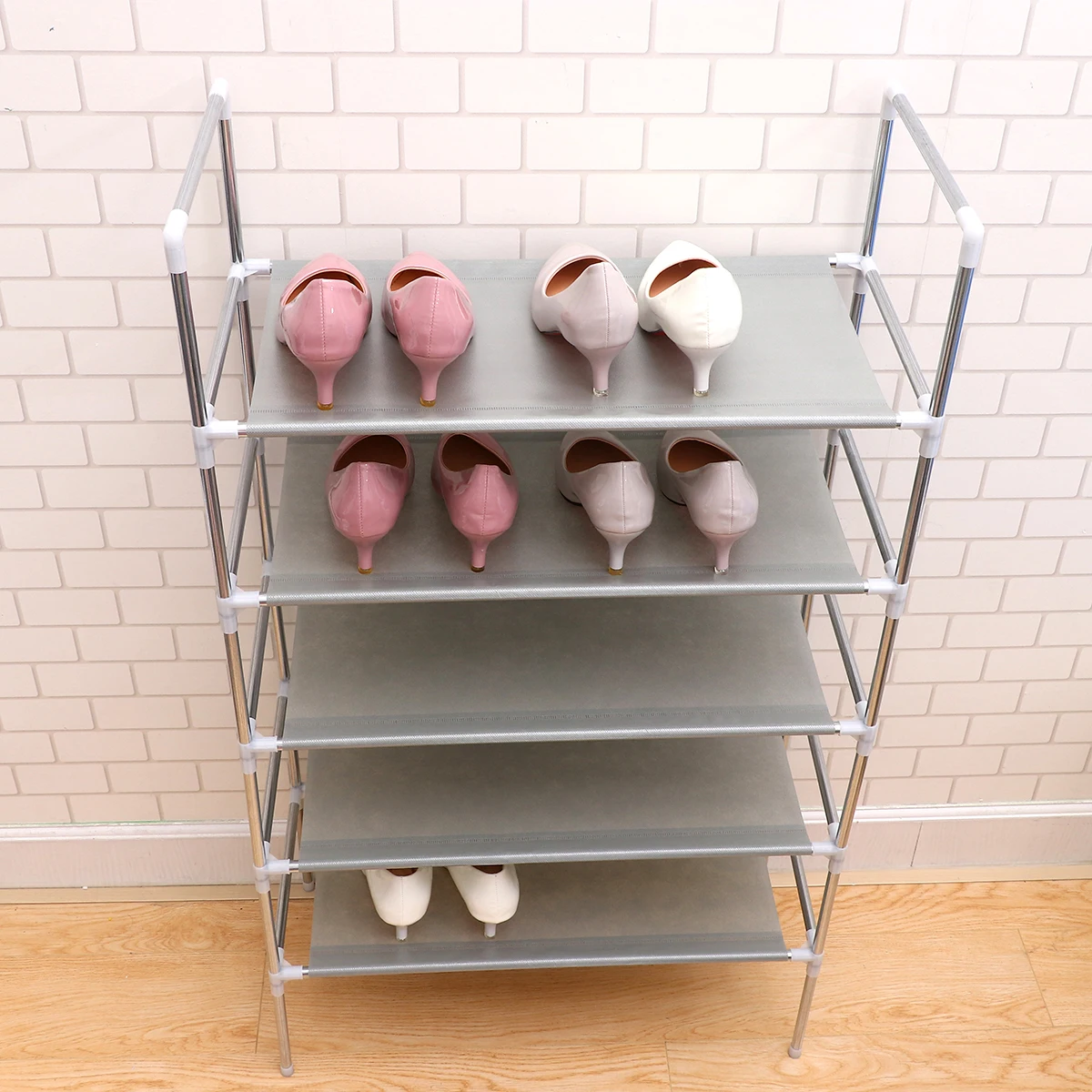 

1pc Iron Shoe Rack Metal Multilayer Shoe Shelf Odorless Environment Friendly Easy Handle Five Tier Light Grey Household