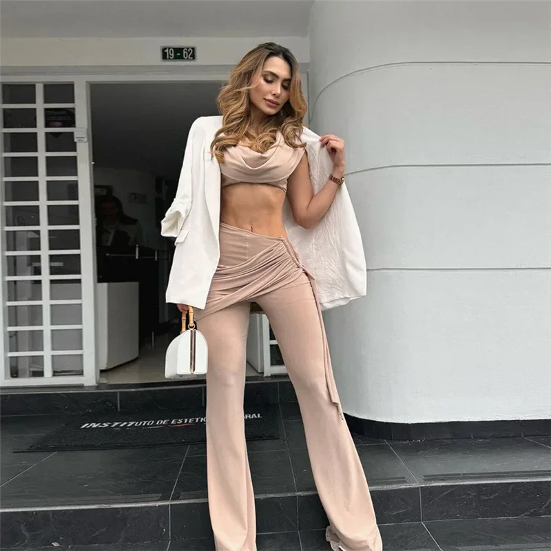 2024 Fashion Crop Tops and Pant Two Piece Set Sexy Skinny Solid 2 Piece Sets Going Out Outfits Women Winter Club Matching Sets