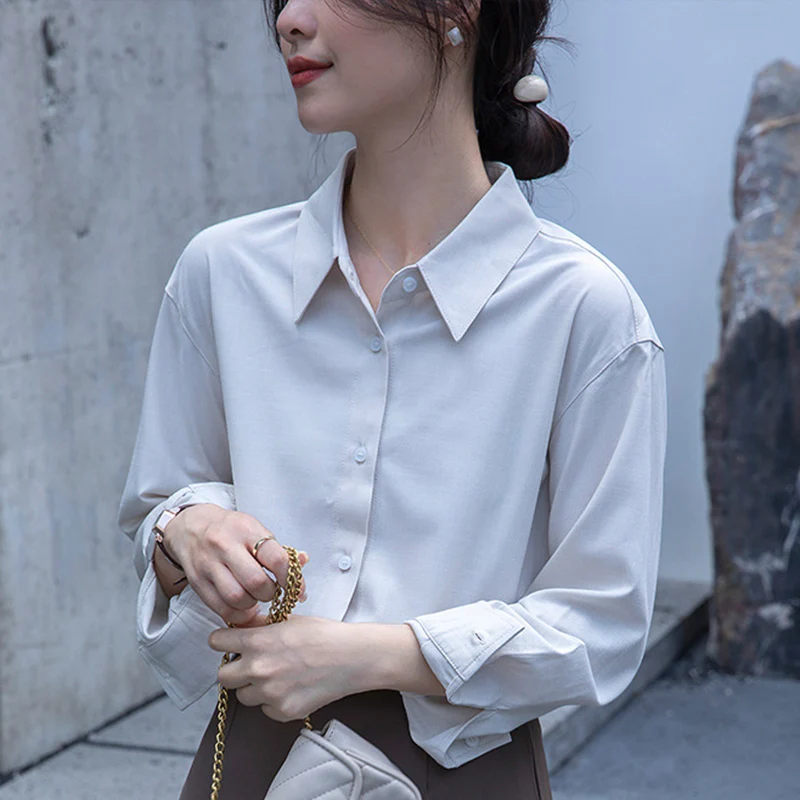 

Blue Long Sleeve Satin Blouse Women Loose Top Autumn Fashion Turn-down Collar Button Up Shirt Office Lady All-match Work Shirts