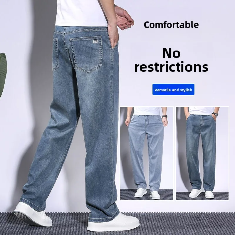 

New 2026 Men's Loose Straight Leg Jeans Thin Cotton Elastic Casual mid Waist Vintage Blue Jeans Comfortable Wear for Spring S...