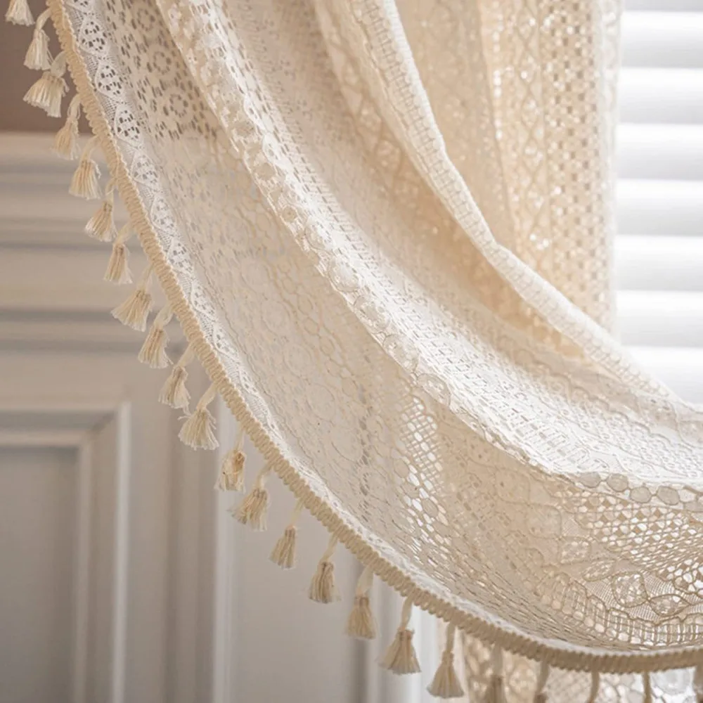 Retro Translucent Crochet Curtain Beige Multi Size Cotton Curtain Hollow Tassels Hollow Curtain Bedroom