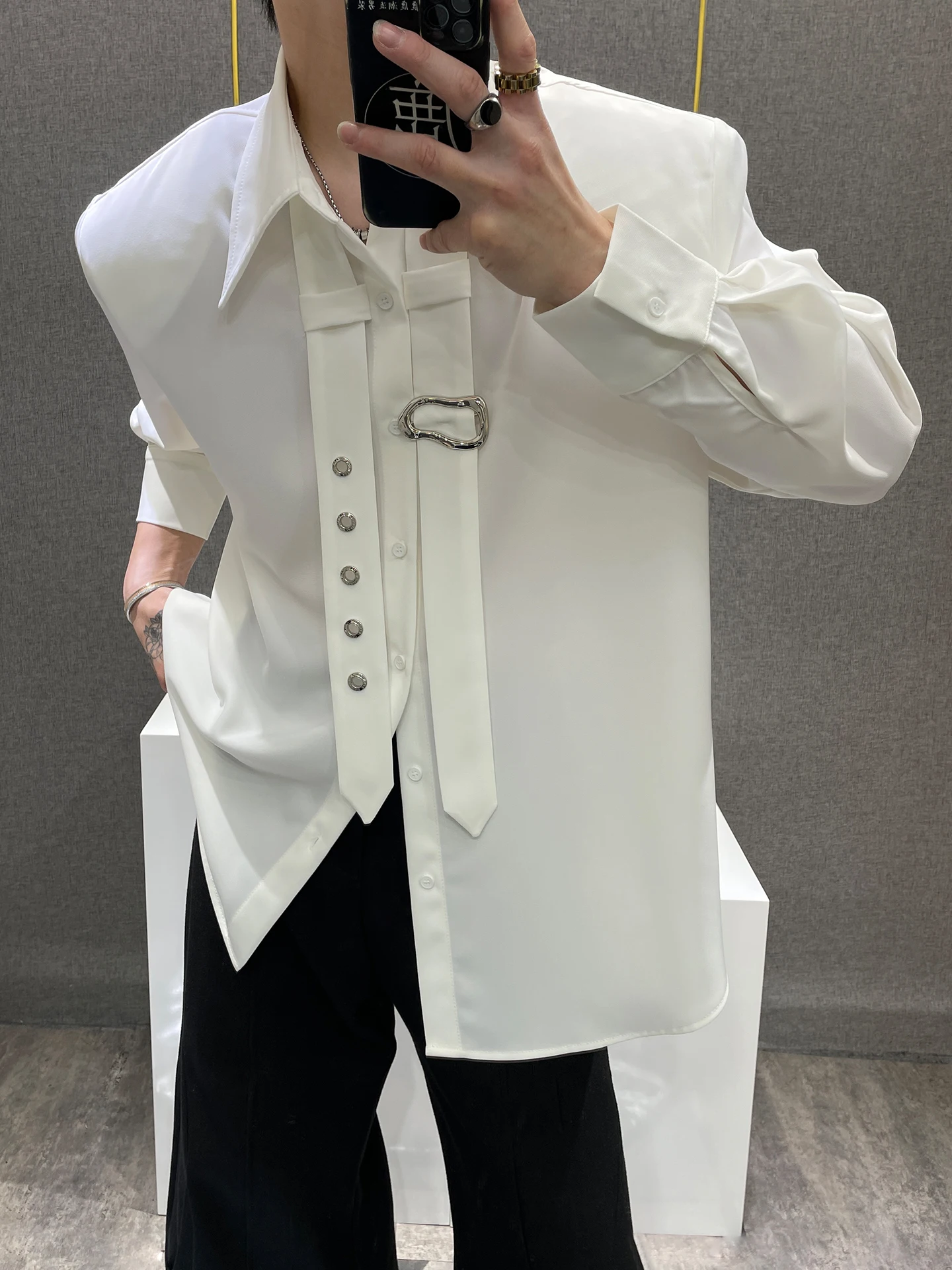 2025 New Fashion Trend High-End Personality Ribbon Design Long Sleeve Shirt for Men Spring Loose Draped Shirt