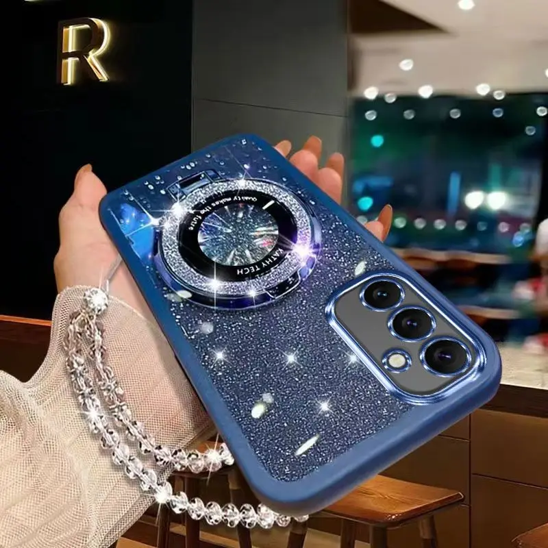 Glitter Crystal Bracelet Magsafe Phone Holder Case For Samsung Galaxy A16 A06 A26 A36 A56 A15 A25 A35 A55 A14 A24 A34 A54 4G 5G