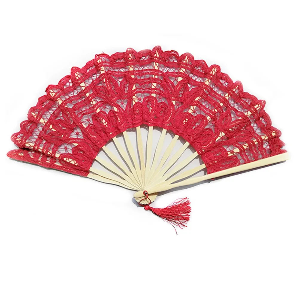Art Craft Bamboo Handle Vintage Lace Hand Fan Hand Held European Style Embroidered Folding Fan with Tassel Dance Fan Summer Gift