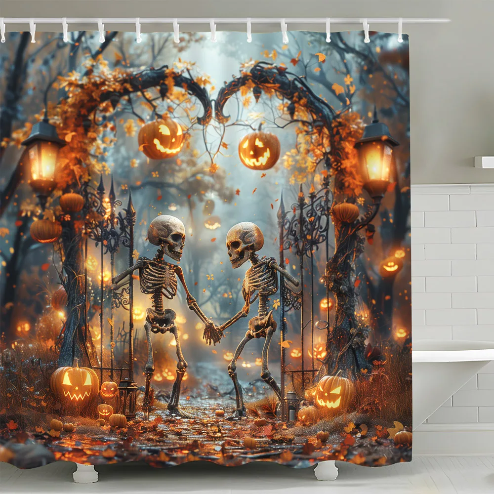 Halloween Shower Curtains Horror Blood Handprint Hazy Silhouette Help Me Skeleton Black Cat Pumpkin Lamp Bathroom Curtain Set