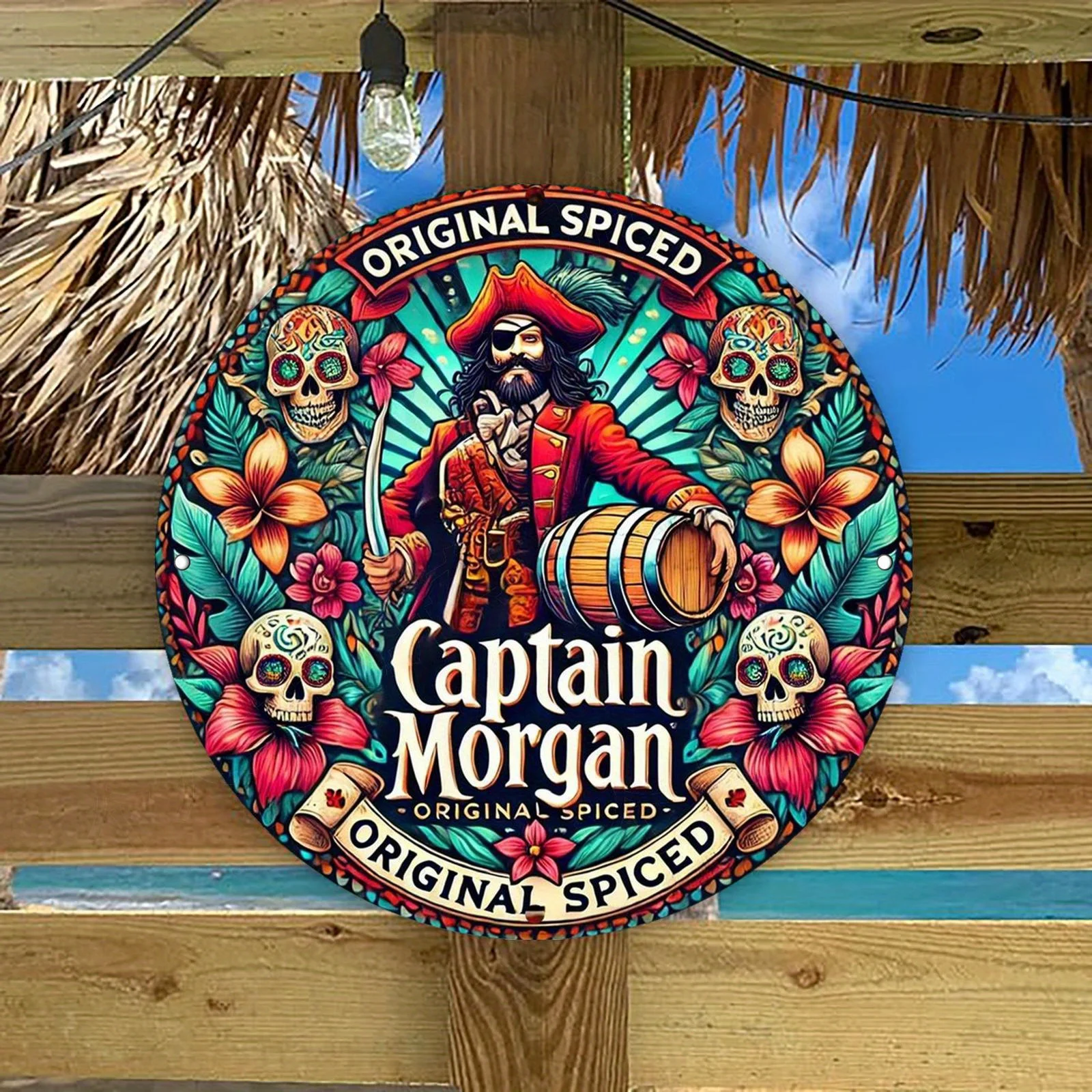 مسطح ثنائي الأبعاد - لافتة معدنية مستديرة كابتن مورغان كاريبيان سبيريت - لوحة فنية جدارية نابضة بالحياة من الألومنيوم بتصميم زهور وجمجمة، مثالية لـ