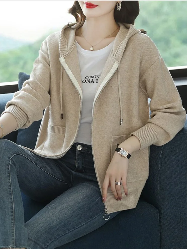 Solid Color Hooded Wool Knitted Cardigan Women 2024 Spring Clothes Loose Sweater Long Sleeve Tops Zipper Knitwears Coat