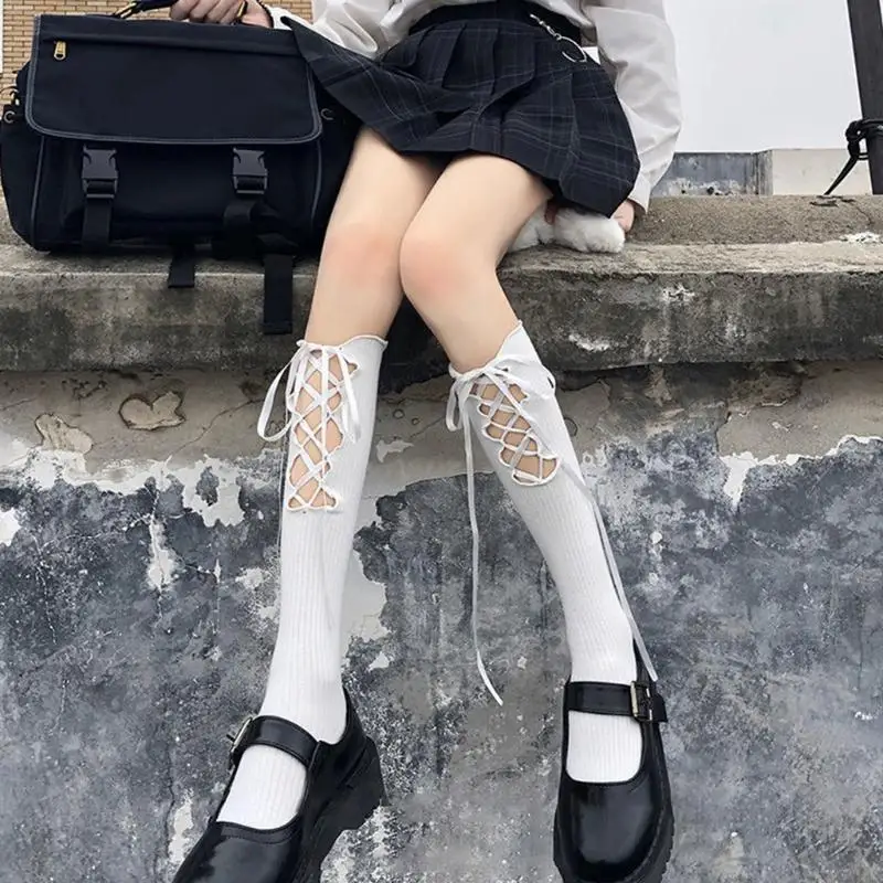 P8DB Japanese Women Ribbed Knee High Socks Preppy Cutout Criss-Cross Bandage Bowknot Solid Color Student