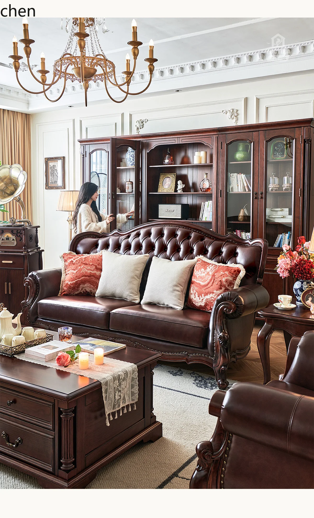 ZML Sofa Solid Wood Layer Oil Wax Leather Pull Button Sofa Living Room Three-Seater Furniture