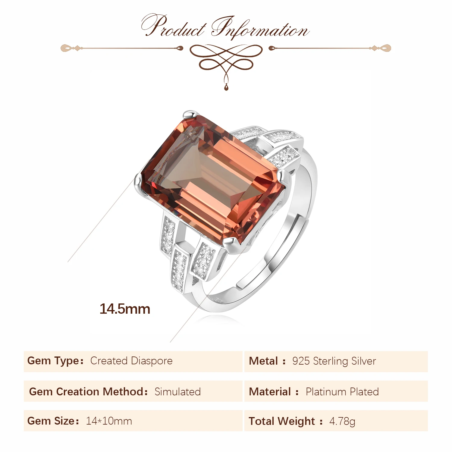 Potiy Huge 6ct Emerald Cut Simulated Color Change Diaspore Open Adjustable Cocktail Ring 925 Sterling Silver Jewelry women Gift