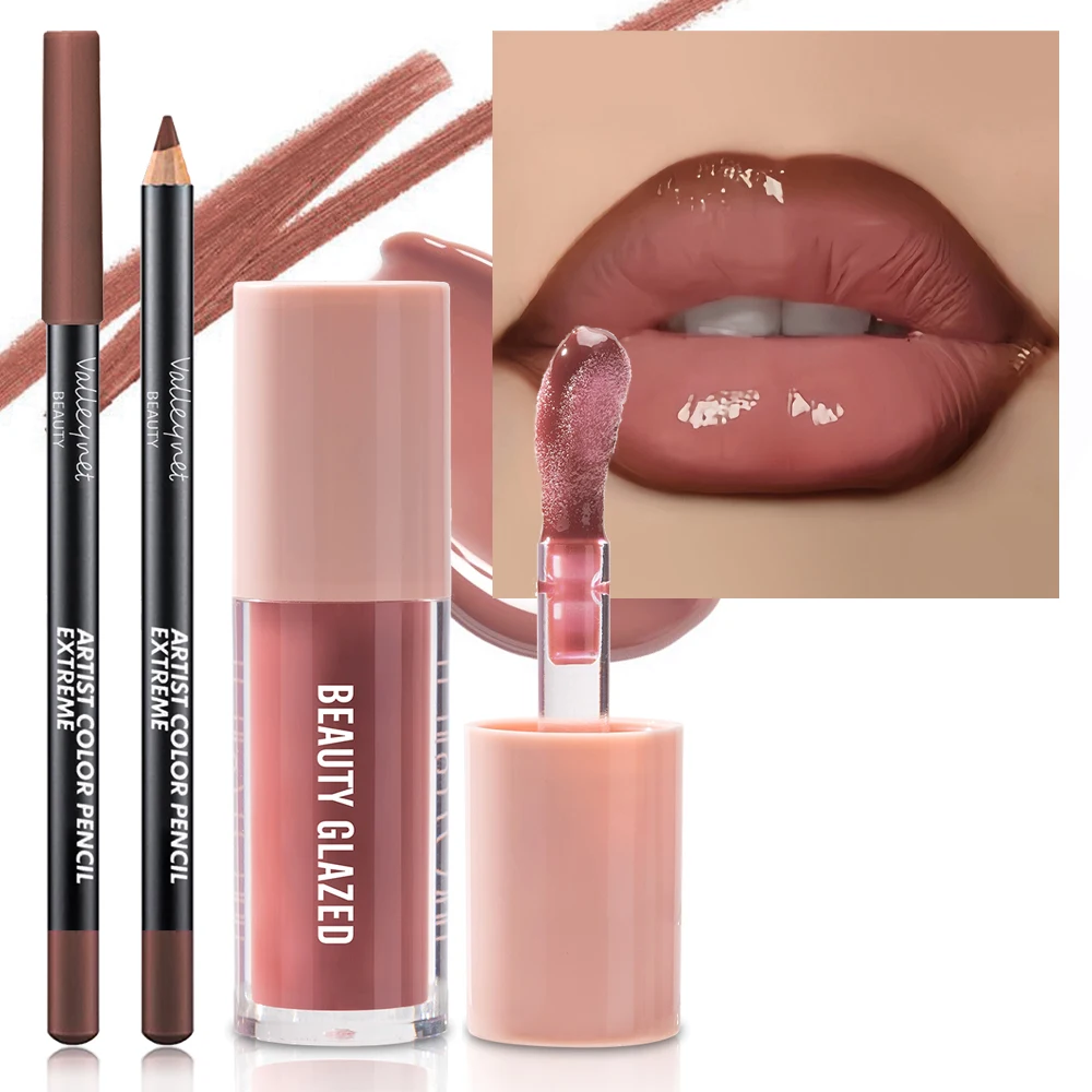 Conjunto de 2 peças de batom com textura aveludada, efeito matte, à prova d'água de longa duração, cores marrons, cria uma maquiagem labial hidratante e natural.