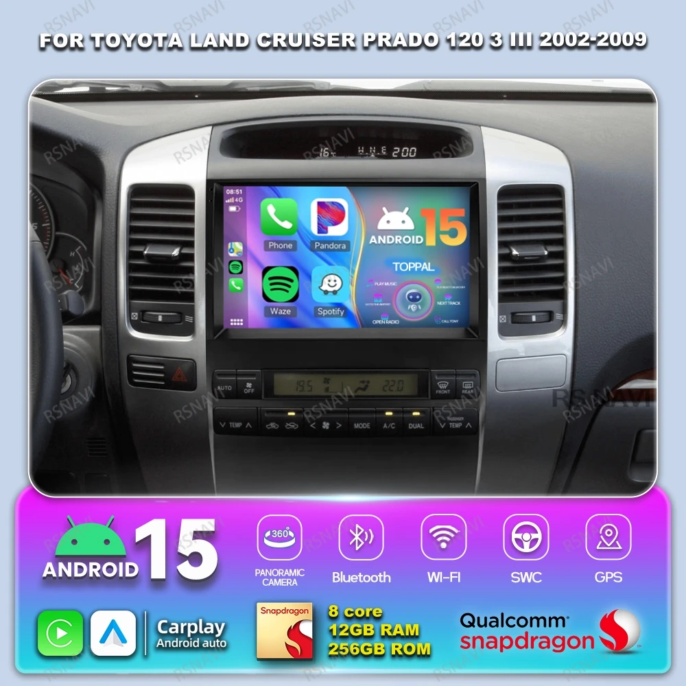 

Автомобильный радиоприемник Android 15 для Toyota Land Cruiser Prado 120 3 III 2002-2009, стерео беспроводной Carplay Auto BT QLED GPS DSP, головное устройство