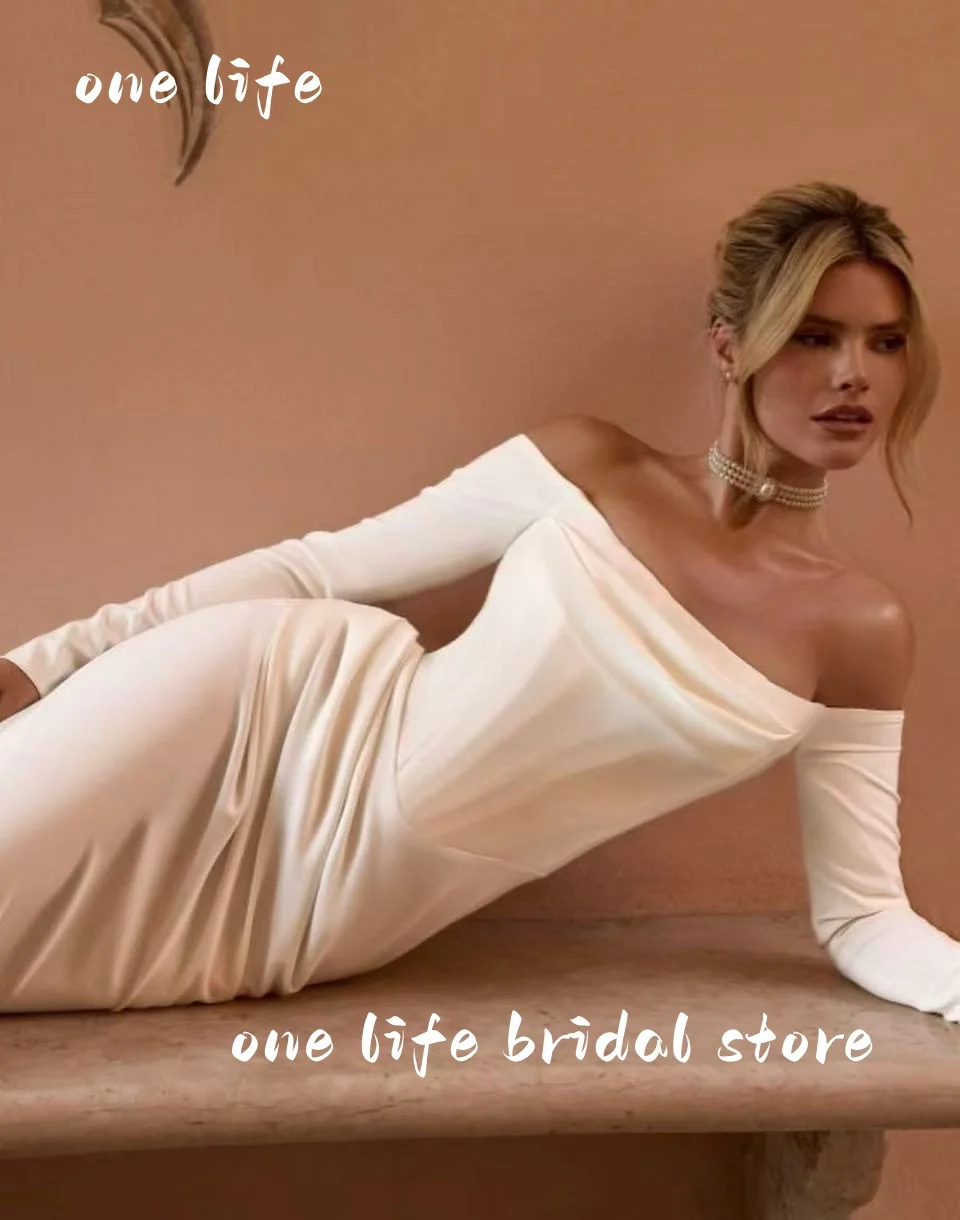 Vintage uma linha mulher vestido de casamento fora do ombro mangas compridas vestidos de noiva rendas pérolas trem varredura vestido personalizado de não