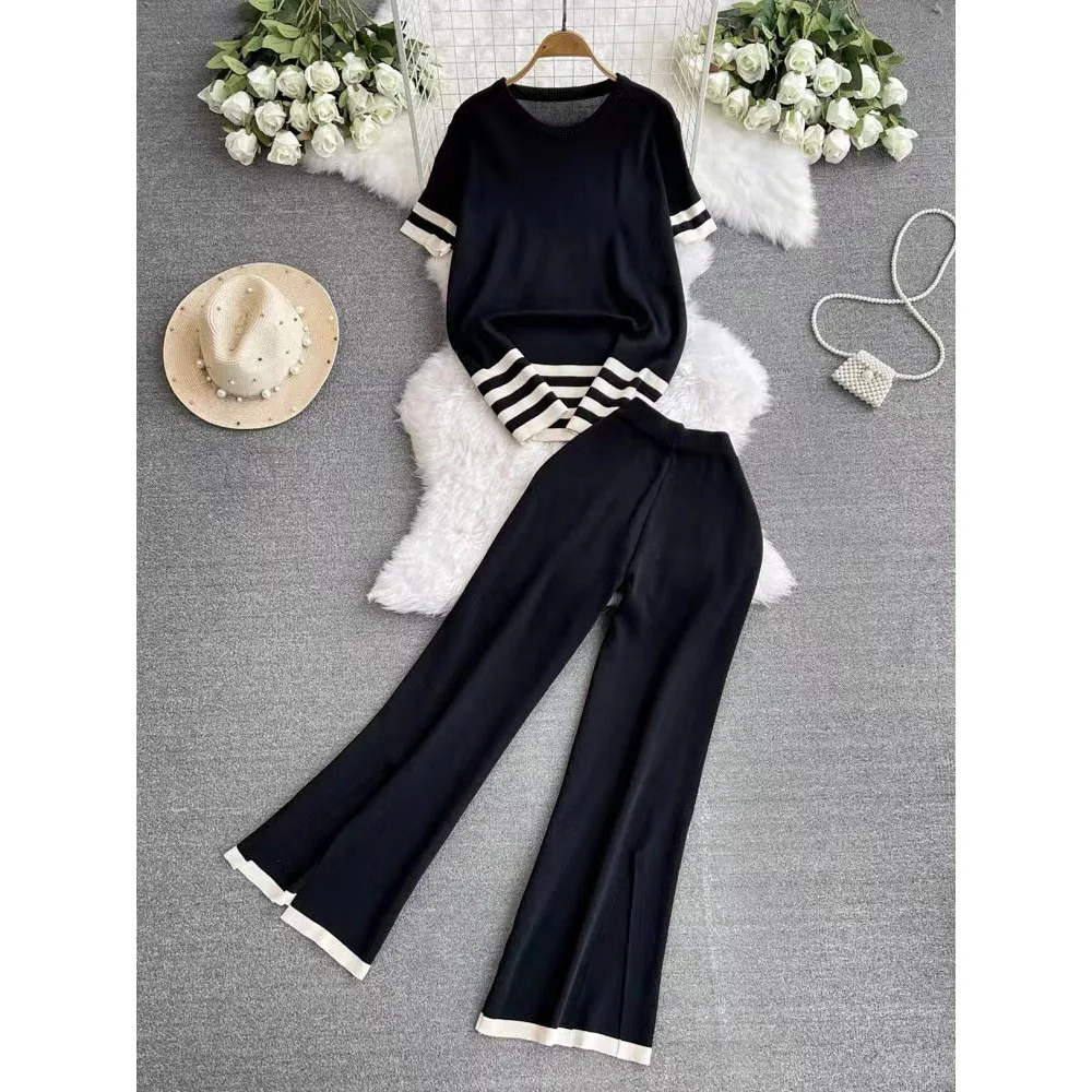2024 New Fashion Suit Women's Summer Korean Version Of Loose Contrast Age-reducing Knitted Two-piece High waist Wide-Leg Pants.