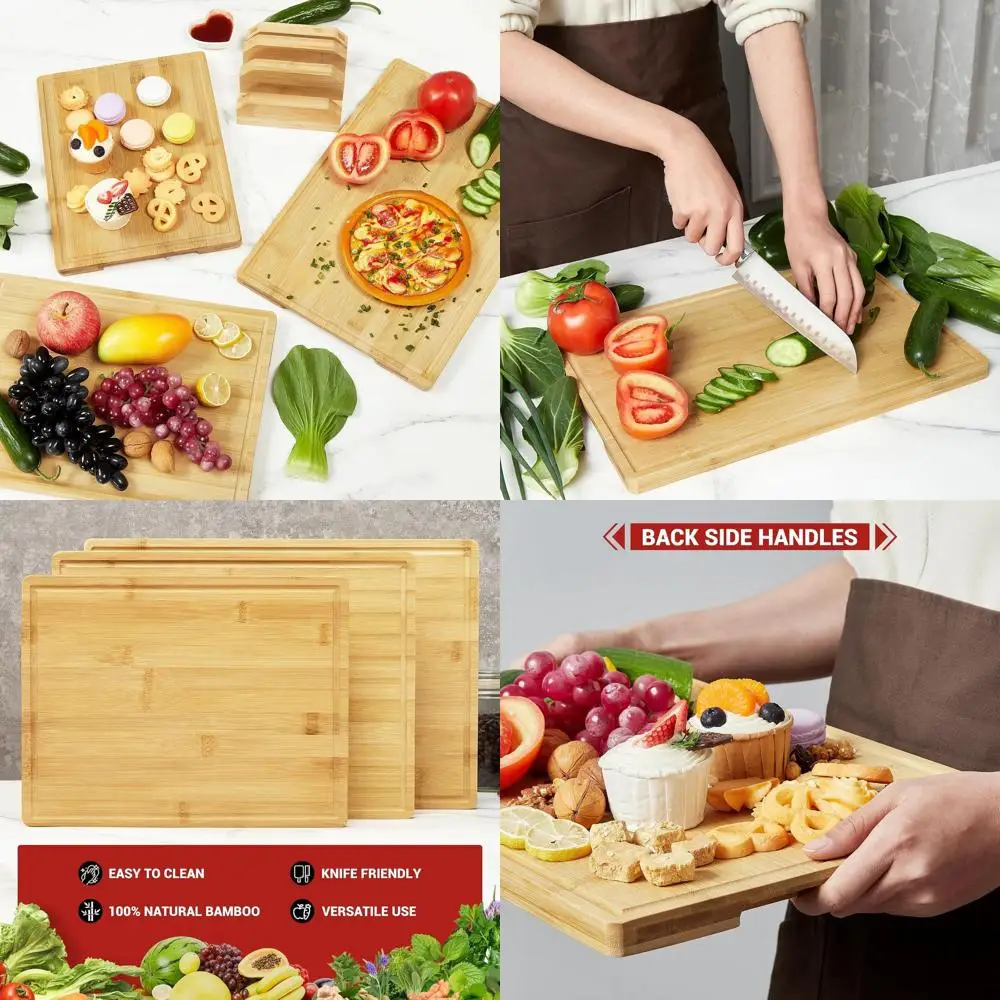 

Бамбуковые кухонные разделочные доски — набор с держателем для приготовления еды, сервировки и измельчения