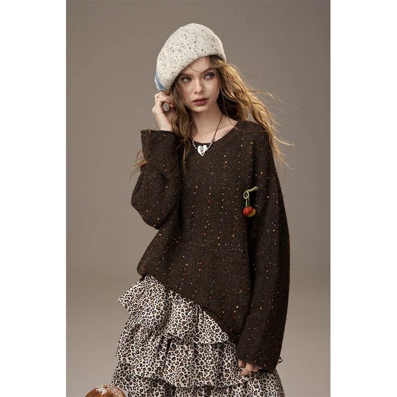 ELFSACK Casual Cute Little Pumpkin Colorful Bead Loose Fit Sweater For Woman
