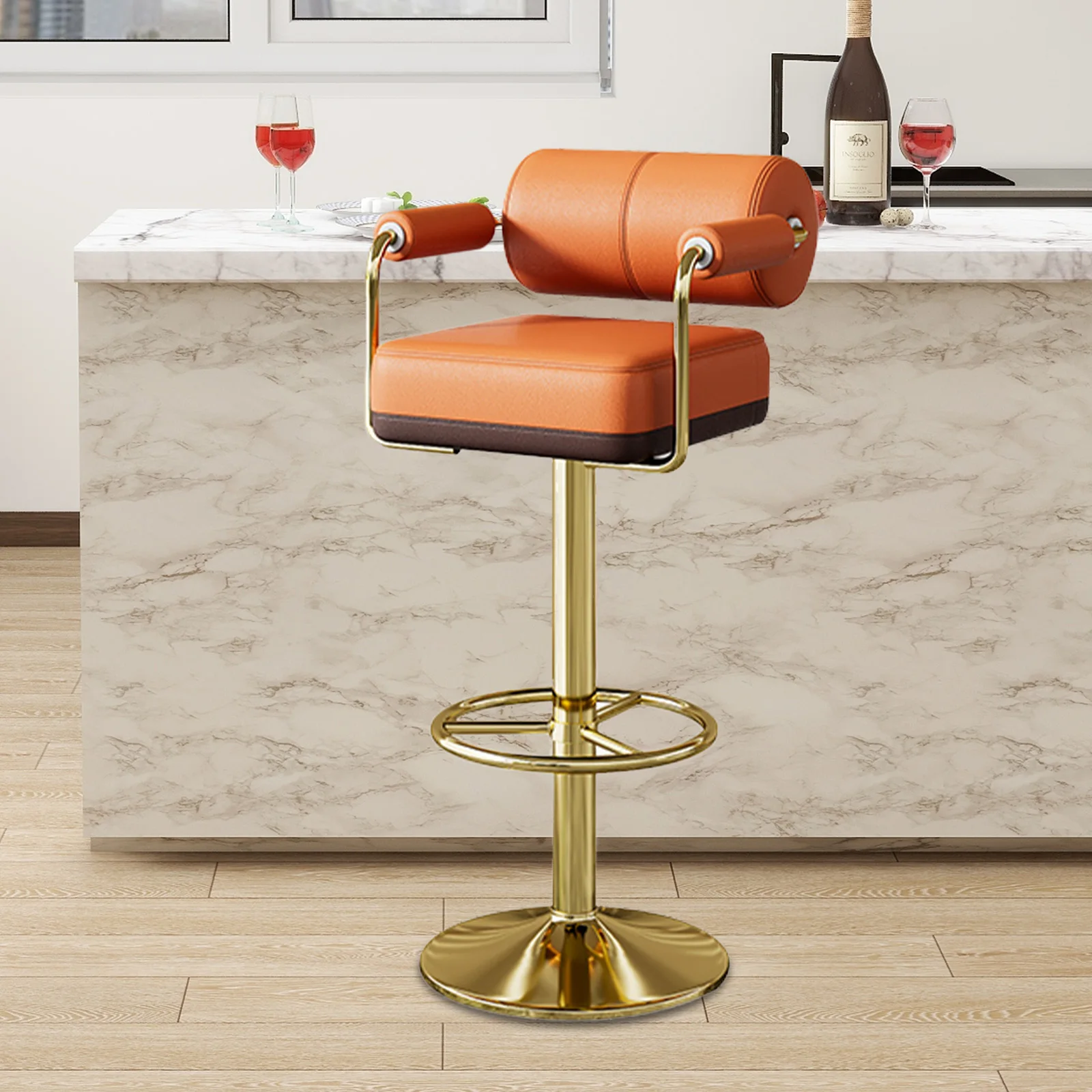 

Vigosit bar stool, height adjustable 60-82 cm-Swivel bar stool with backrest and armrests, suitable for kitchen and Terrass