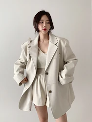 Chic Autumn Winter Vintage Leisure Loose Long Sleeve PU Leather Jacket Women's Suit Collar Two Buttons Outerwear Coat