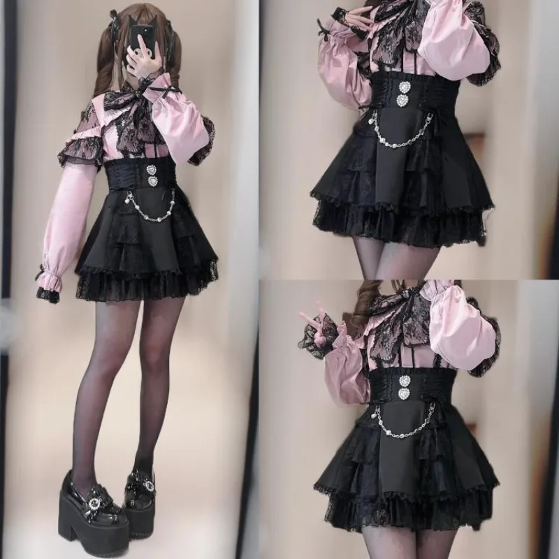 Sweet Kawaii Lolita Skirt Women Lace Ruffle High Waist Tiered Skirt with Heart Chain Decor Cute A-line Mini Skirt Outfits 2026