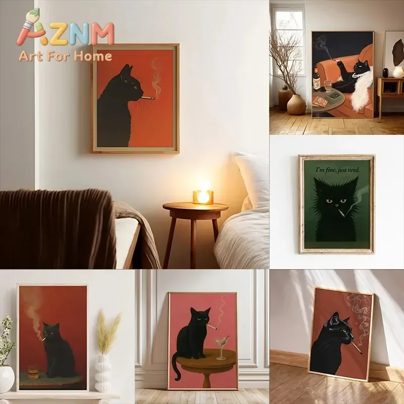 Black Cat Smoking A Cigarette Vintage Poster Art Retro Whimsical Print Funny Animal Wall Decor Poster for Bar Cart Quirky Kit