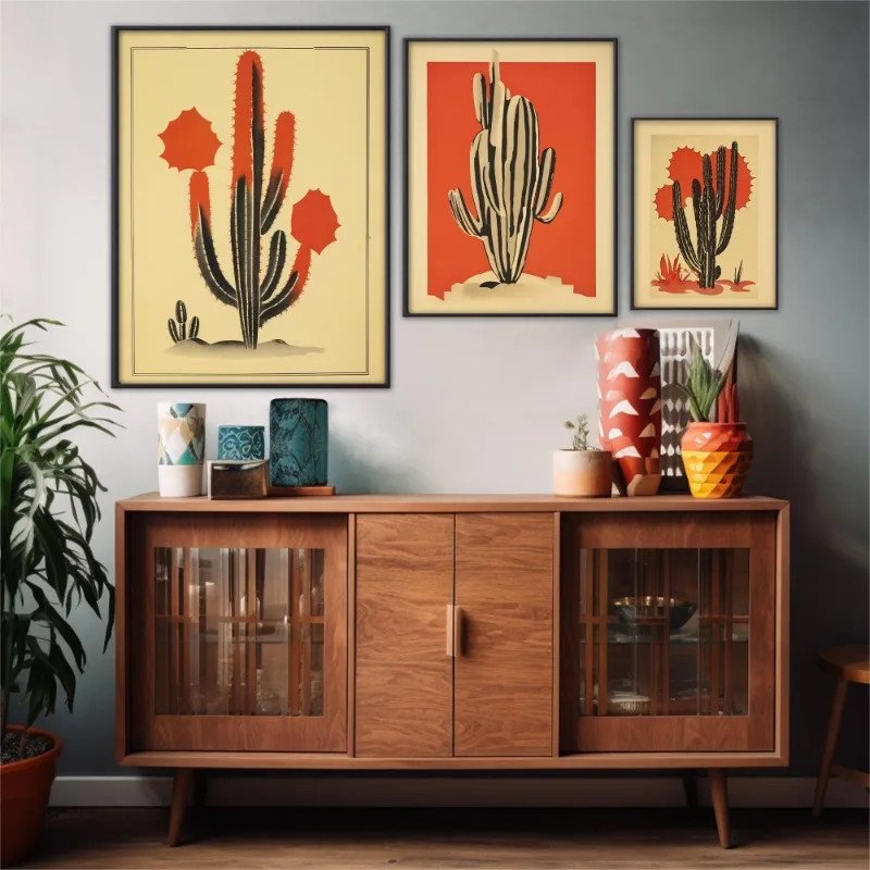 Retro Mexican Cactus Poppies Red Flower Botanical Poster and Prints Canvas Printing Wall Art Picture for Living Room Cafe Decor