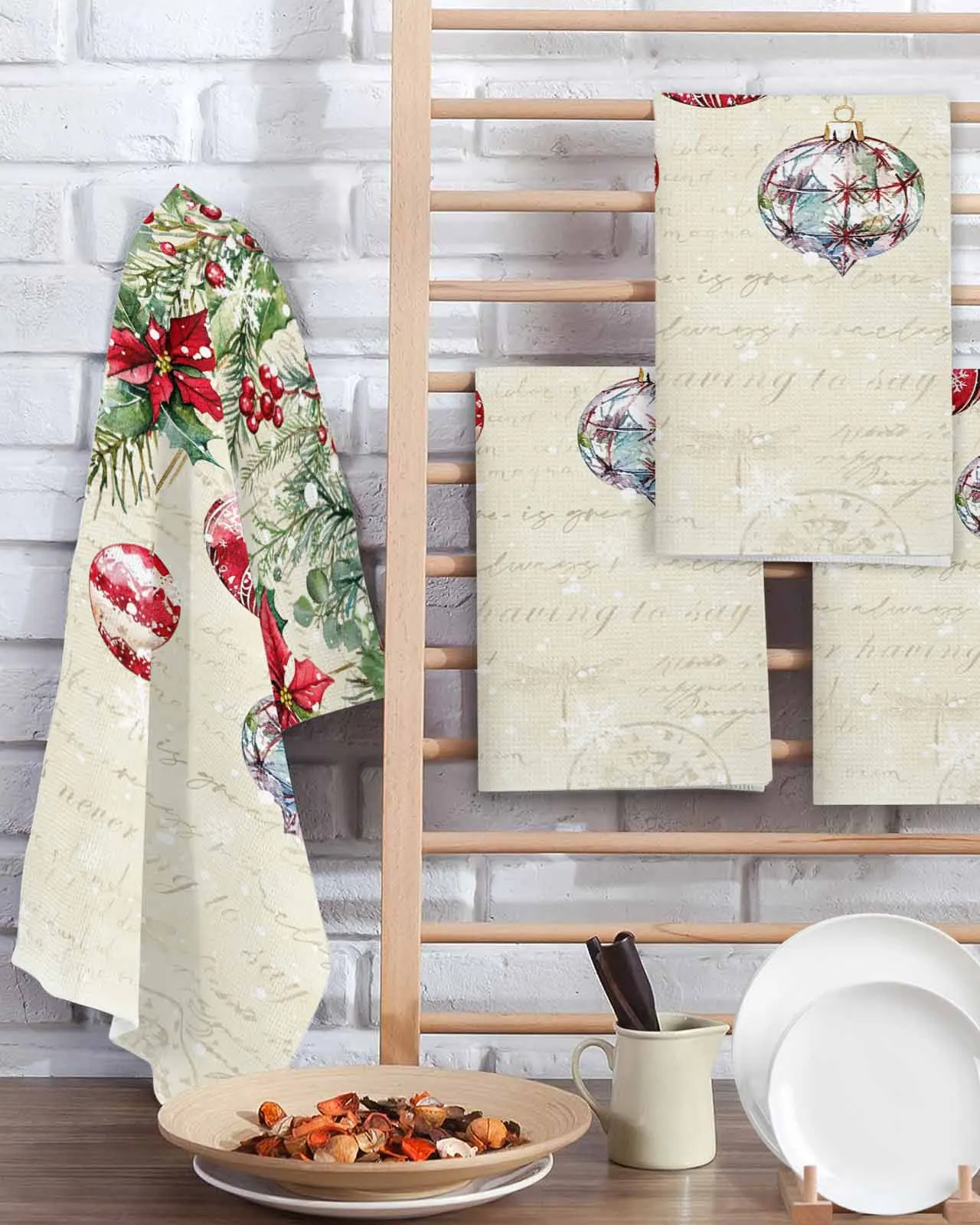 

Poinsettia Berries Cedar Leaves Christmas Snowflakes 30*30cm Waffle Microfiber Kitchen Towel Cleaning Cloth Scouring Wiping Rag