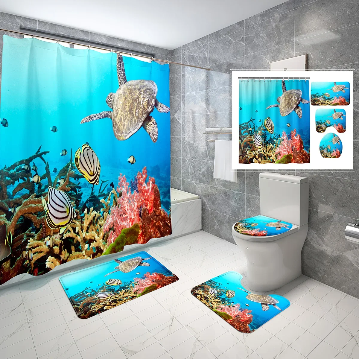

4 Pcs Shower Curtain Set Sea Turtle Ocean Exploration Shower Curtain Bathroom Non-Slip Bath Mat Toilet Cover Shower Curtain Set
