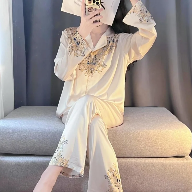 Light Luxury Senior Sense of Printed Fresh Pajamas Women Spring and Autumn Long Sleeve Suit New Home Dress Pants Can Be Worn