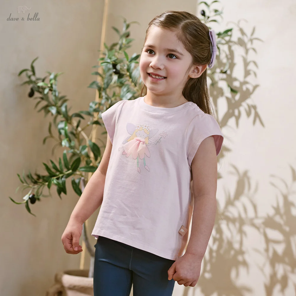 Dave Bella Mädchen-T-Shirt aus reiner Baumwolle, Sommerkleidung für Kinder, weißer Pullover, kurzärmelig, lila, lässiges Oberteil DB2262219