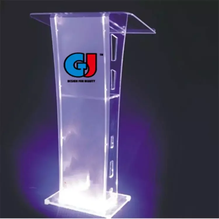 Custom Design Lighted Assembly Detachable Acrylic Lectern Stand Plexiglass Lecture Desk Perspex Church with Led Podium Platform