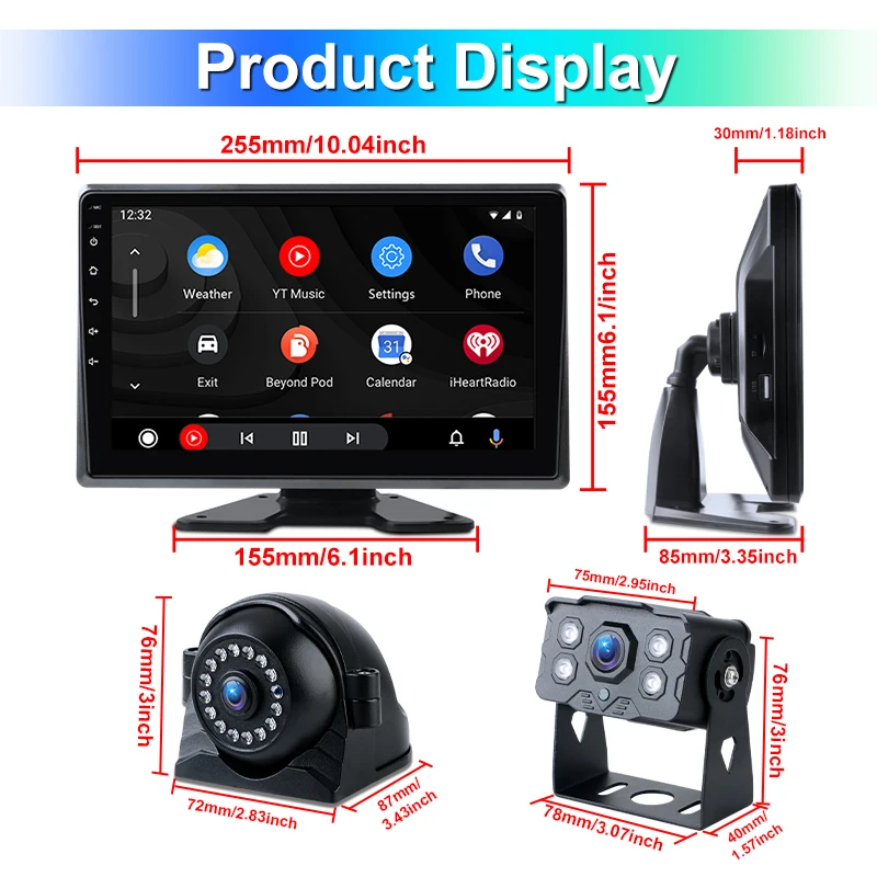 JMCQ 10 inch 1080P DVR Dahscam 4 Channels Video Recorder Wireless Carplay Android Auto IPS Monitor For Truck Bus Pickup Trailer