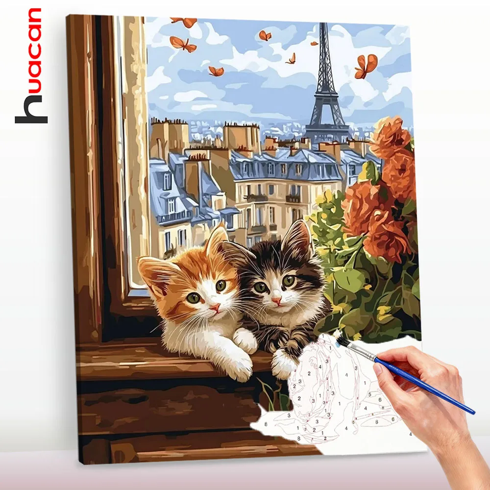 Huacan DIY Ölgemälde nach Zahlen, Katzen, Eiffelturm, Tierlandschaft, Bilder nach Zahlen, Kits für Heimdekoration, Geschenk ﻿ ﻿