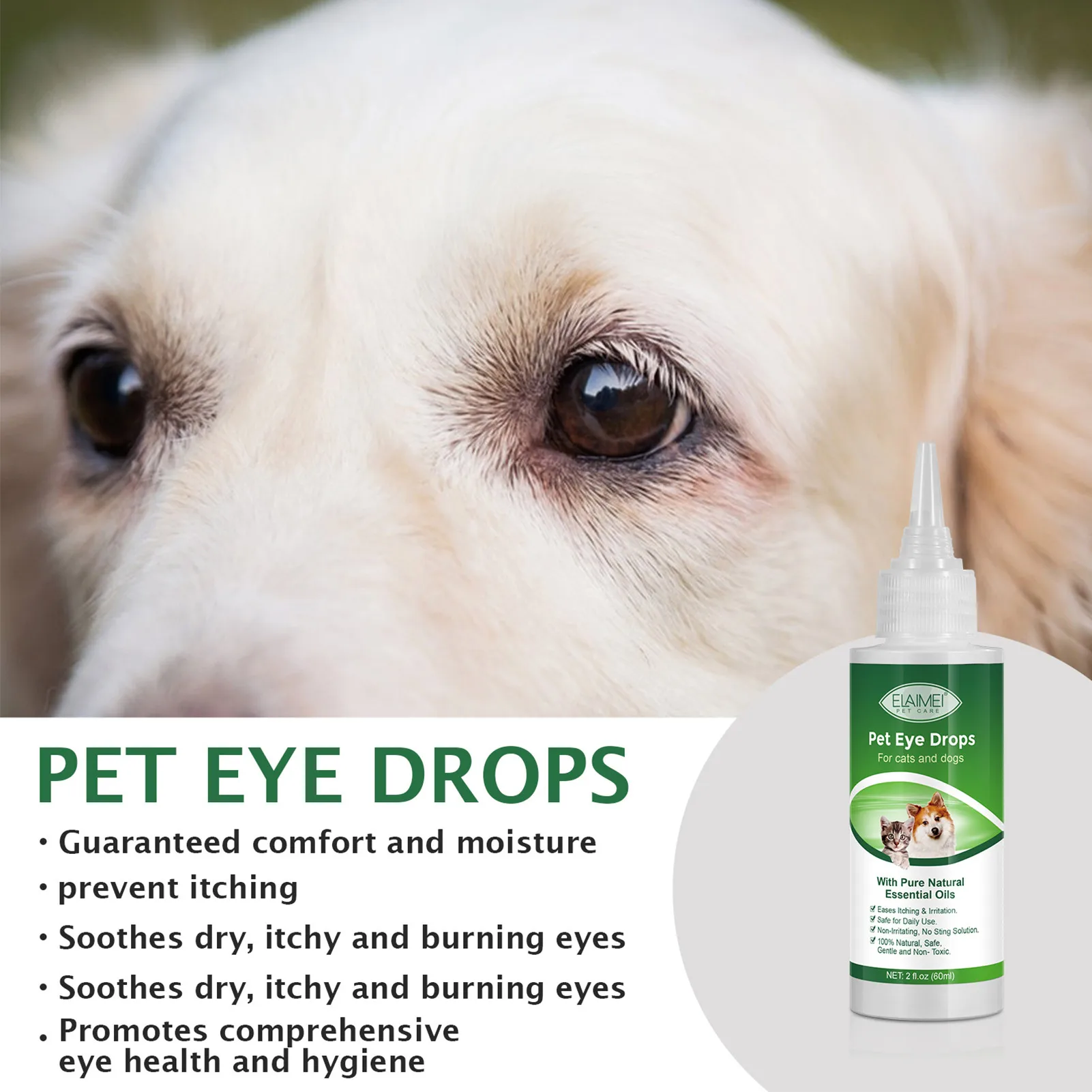 1 Bottle 60ml Pet Eye Drops Dog Cat Tearing Stain Removal Dirt Stain Remover Anti-Inflammatory Eye Care Cleaner Pet Eye Drop