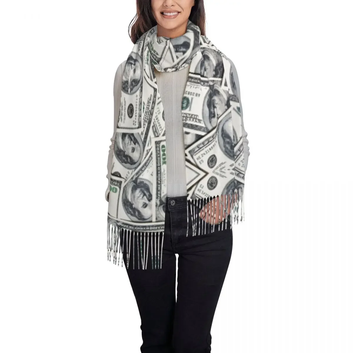 Hundred Dollars Bills Scarf Wrap Women Long Winter Warm Tassel Shawl Unisex Money Scarves