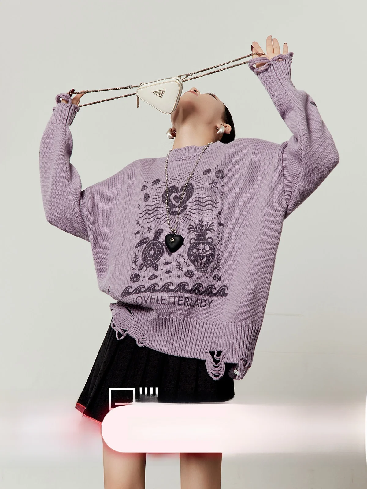 

Женский вязаный свитер свободного кроя фиолетового цвета с вырезами от Zhou Li Wu, весна 2026, новинка, винтажный стиль, длинный рукав