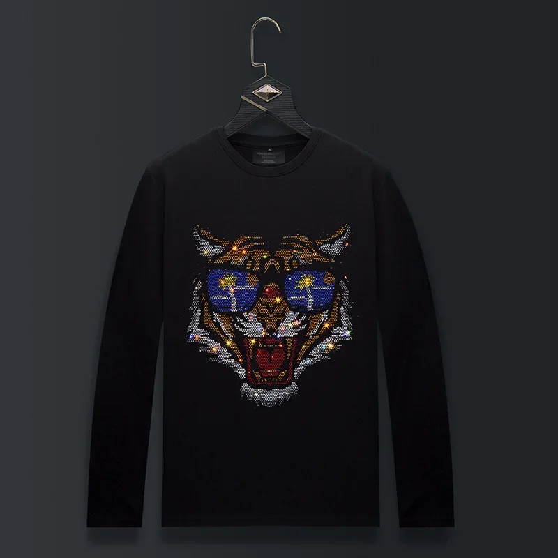 

Plus Size Rhinestones T Shirts Men Fashion Streetwear Tiger Pattern O Neck Long Sleeve Slim Modal Cotton Tshirts Mens Clothing