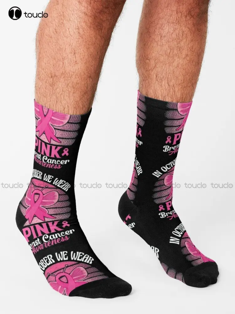 In October We Wear Pink Football Breast Cancer Awareness Socks Kawaii Socks 360° Digital Print Custom Gift New Popular Casual