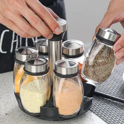 Kitchen 6 Jar Revolving Spice Rack Rotating Bottle Set Organizer Spinning Countertop Herb Glass Bottle Salt Sugar Pepper Storage