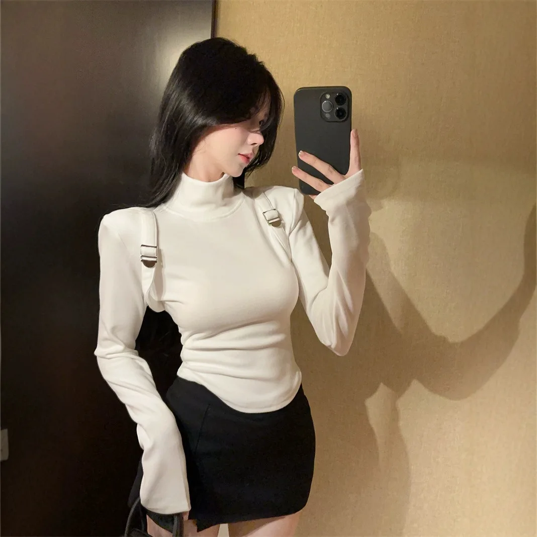 

2026 New Spring Autumn Women's Korean Style Elegant Turtleneck Crop Top Slim Fit Cropped Base Layer Top
