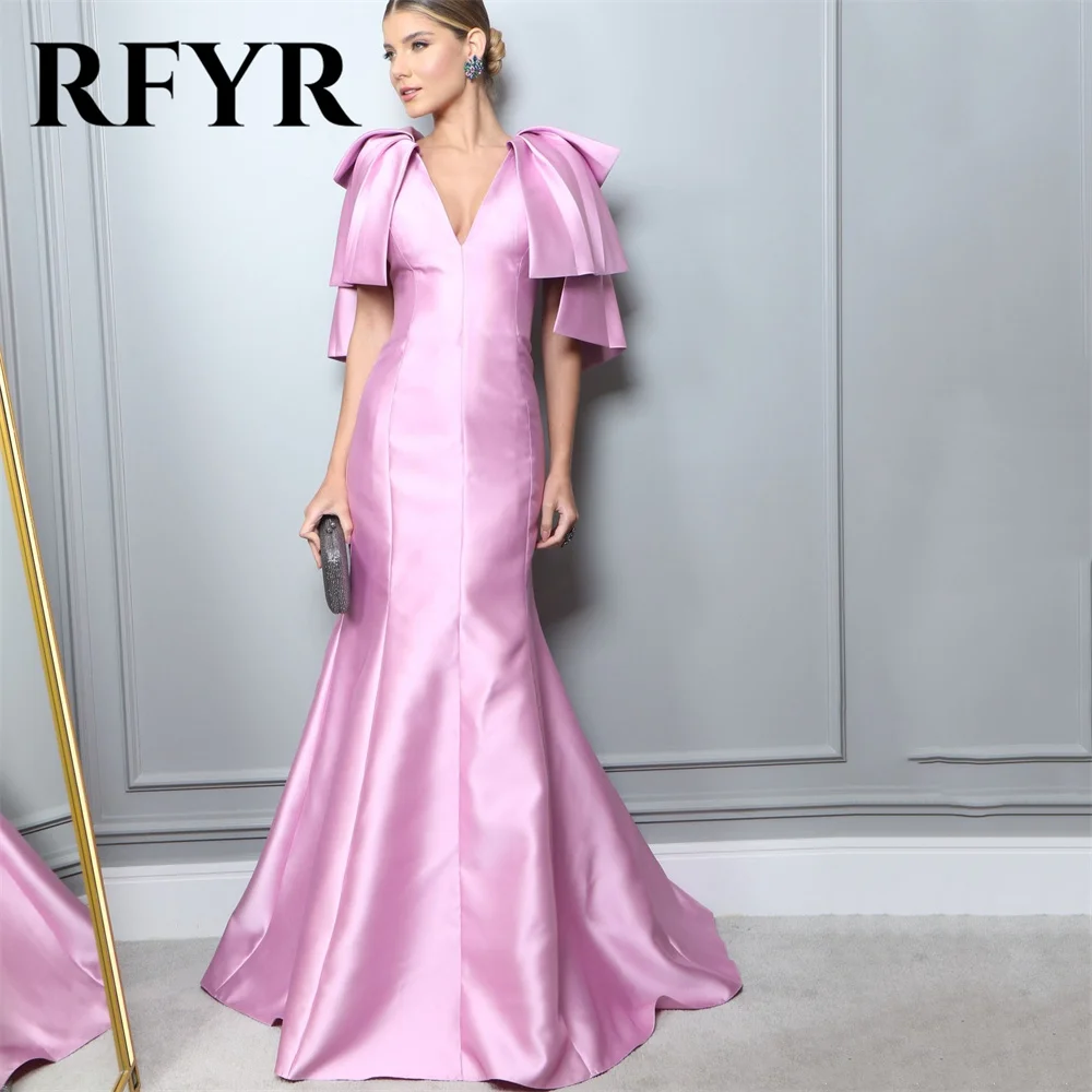 

RFYR Elegant Pink Prom Dress V-Neck Satin Party Dress Short Sleeves Formal Evening Gowns Slim Fit Mermaid Vestidos De Noche