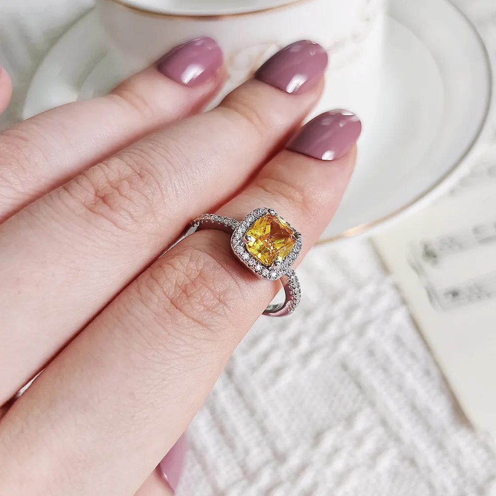 Princess Cut Genuine Natural Yellow Citrine 925 Sterling Silver Square Ring for Women Gemstone Solitaire Engagement Jewelry Anel