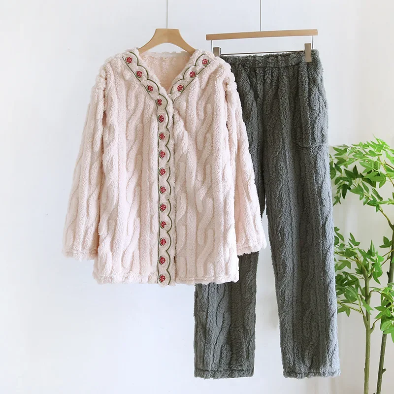 flannel-chinese-style-new-pajamas-embroidered-v-neck-sleepwear-for-women-autumn-winter-thick-coral-fleece-home-wear