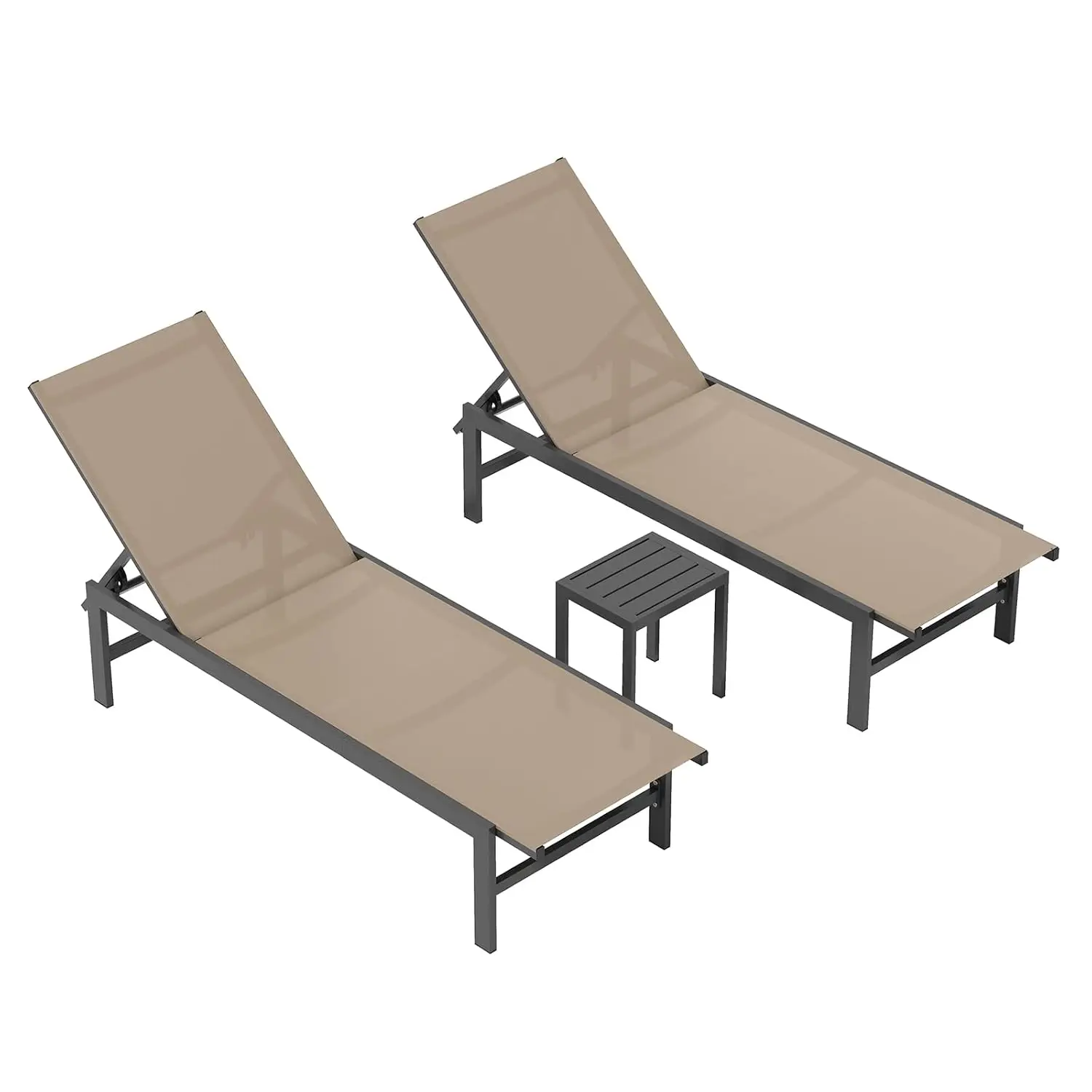Outdoor Lounge Chairs Set of 3 (2 Chairs + 1 Table), Aluminum Chaise Lounge Chairs with 5-Position Recliner, Patio, Customized