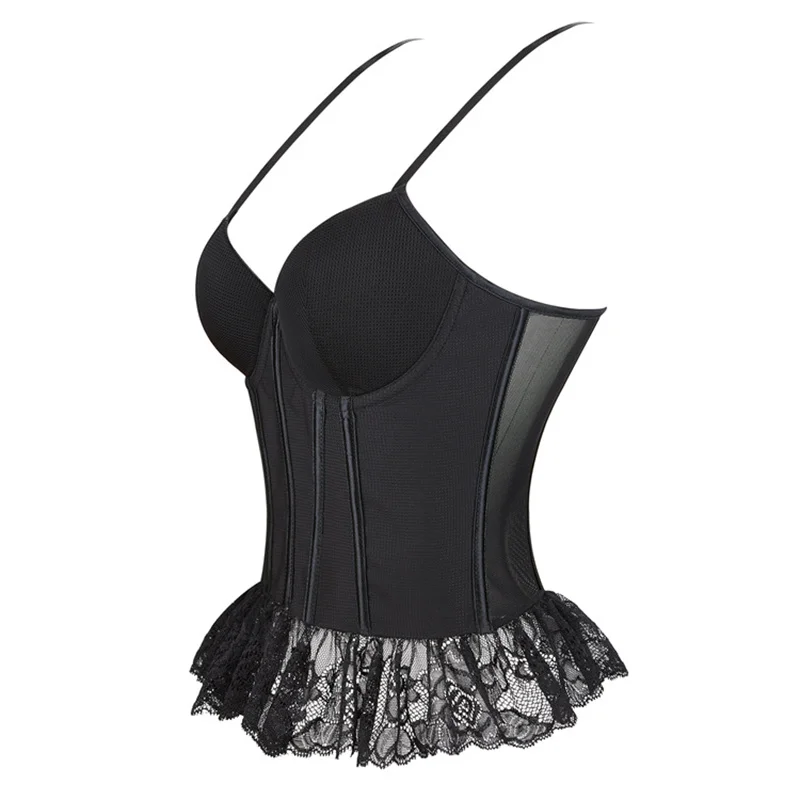 Sexy Halter with Cup Shapewear Black Corset Mesh Lace Skirt Stylish Body Bustier Corset Crop Top Gothic