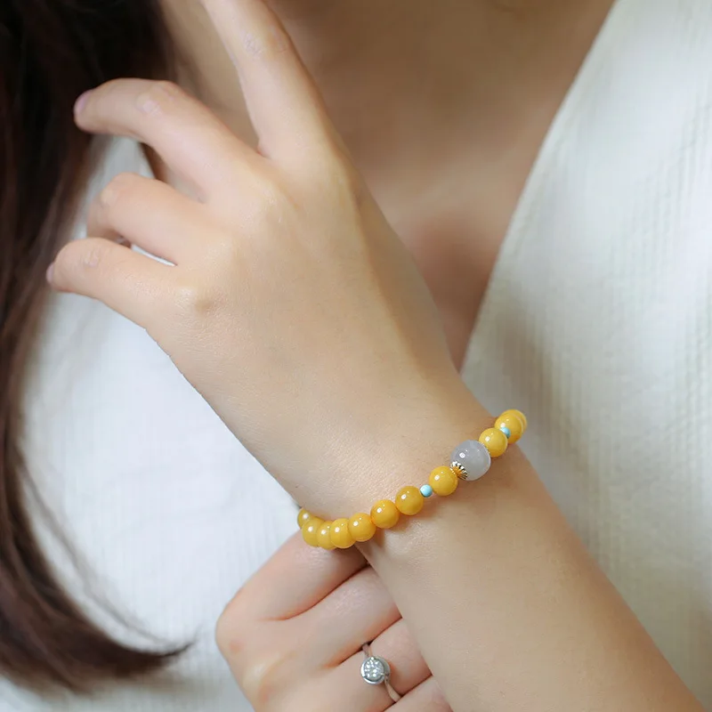 7.5MM Natural Amber Single Loop Bracelet Smoky Purple Hetian Jade Style Retro Chinese Style Lucky Jewelry for Women Gifts