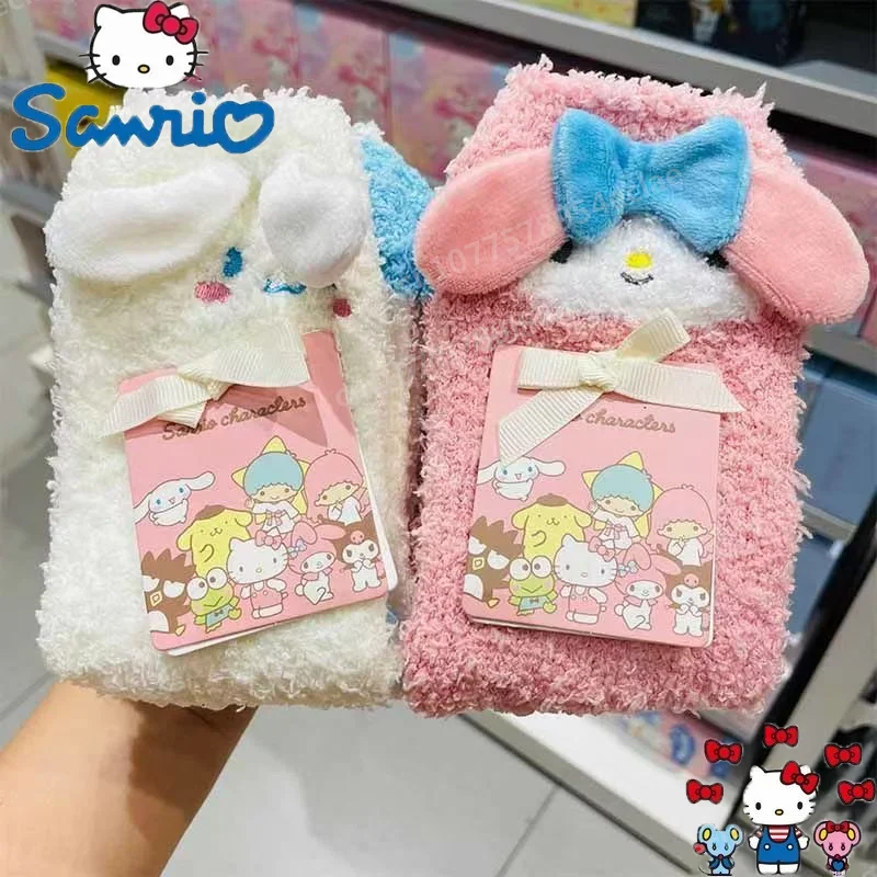 Sanrio Kawaii Kuromi Coral Velvet Casual All-match Socks Girl Warm Autumn and Winter Plush Cute Cinnamoroll To Absorb Sweat Gift